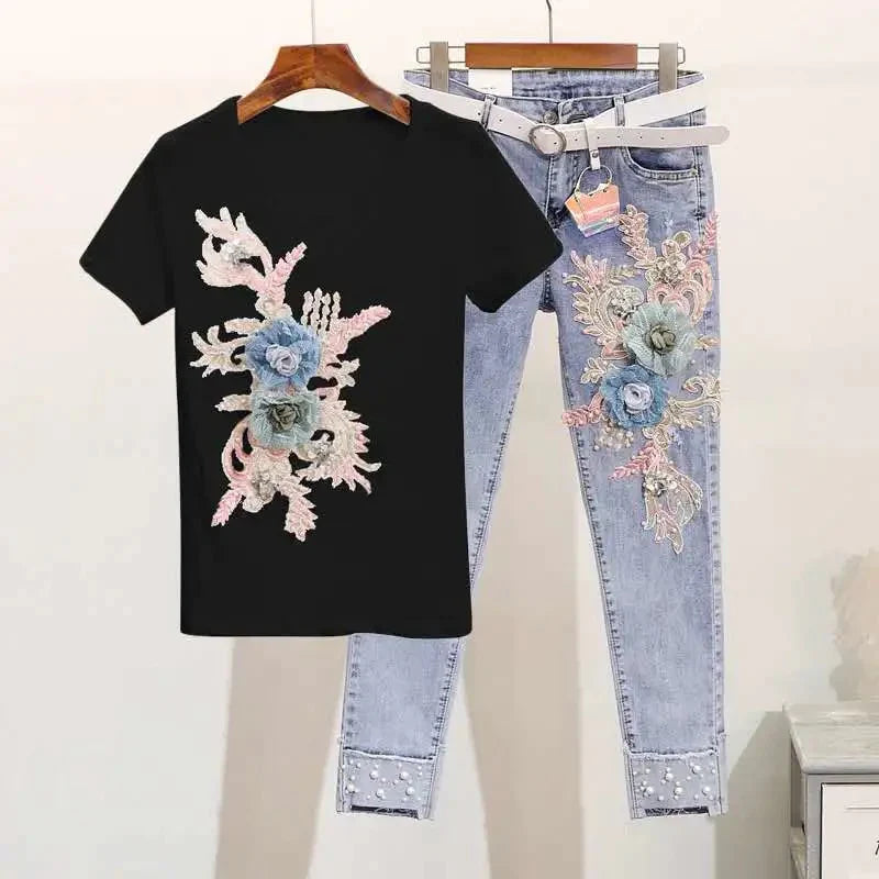 Sixsr One-Piece/Set Summer New Women Denim Pants Beaded Embroidery Short-Sleeved + Small Feet Hole Jeans Female Two-Piece Suit425