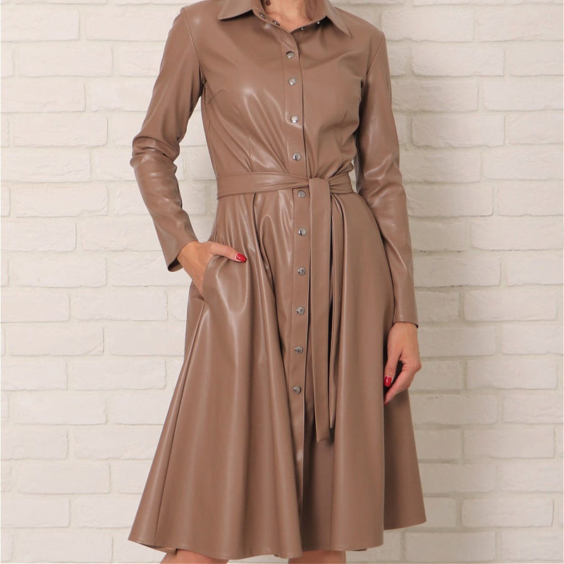 Sixsr Winter Casual Sashes Pu Leather A-Line Dresses Women Turn-down Collar Long Sleeve Solid Color Knee Dress Office Lady Wear