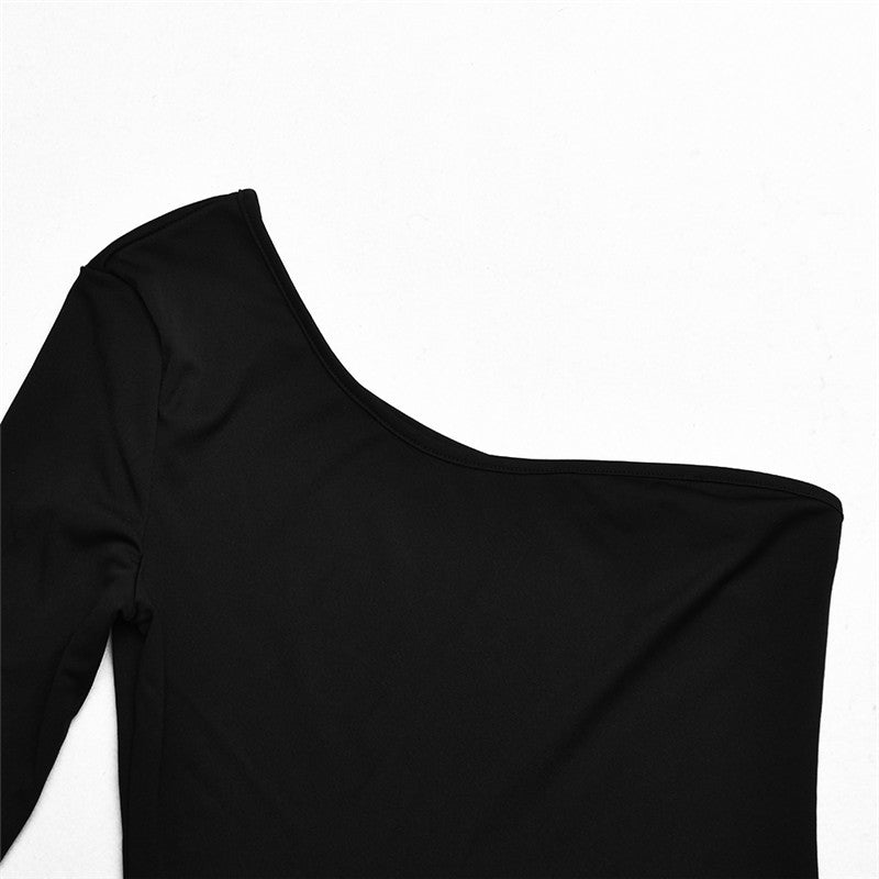 Patchwork Diamond Fishnet Bodycon Women Jumpsuit Black One Shoulder Long Sleeve Jumpsuit Lady Sexy Evening Party Clothes