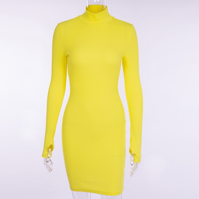 Sixsr Autumn Long Sleeve Bottom Dress for Women High Collar Temperament Solid Color Dress Bodycon Mini Dresses Female Harajuku