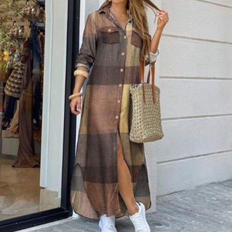 Sixsr Fashion Women Long Sleeve Shirt Dress Autumn Printed OL Long Dresses Laides Turn-down Collar Loose Sundress Party Dresses