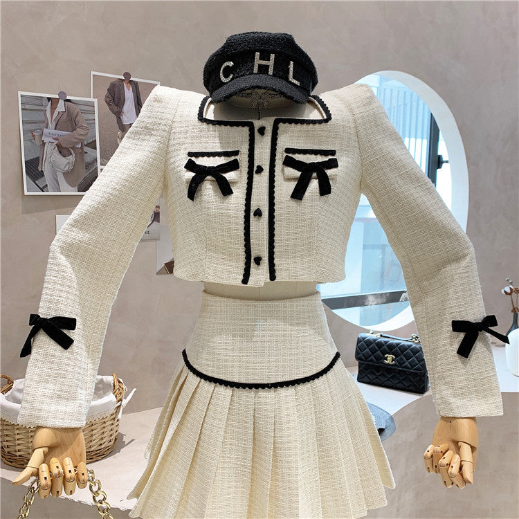 sixsr Small Fragrance Tweed 2 Piece Set Women Bow Short Jacket Coat + Skirt Suits Korean Sweet Outfits French Vintage Two Piece Sets