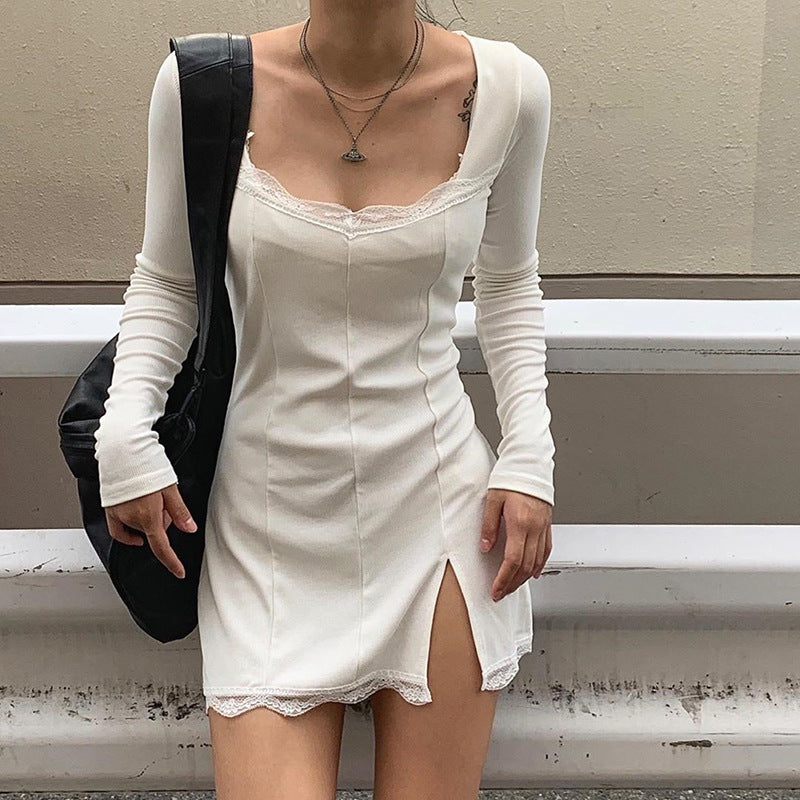 Sixsr Women Winter Dress Women New Arrivals Sexy Long Sleeve Lace Split Black White Solid Party Dresses Vestidos