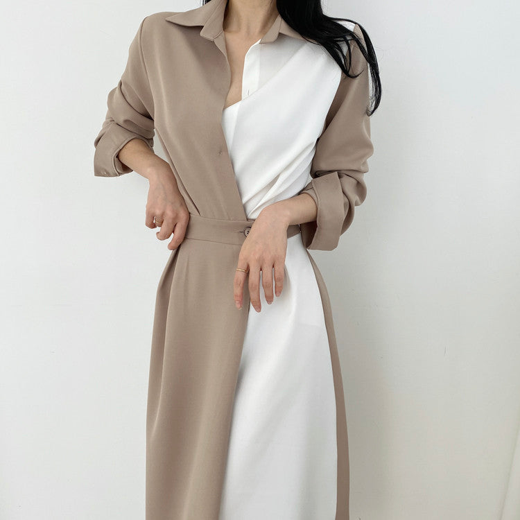 Sixsr Spring Autumn Retro Temperament Contrast Color Lapel Long-Sleeved Shirt Female Midi Dress Korean Elegant Fashion Slim Chic Dress