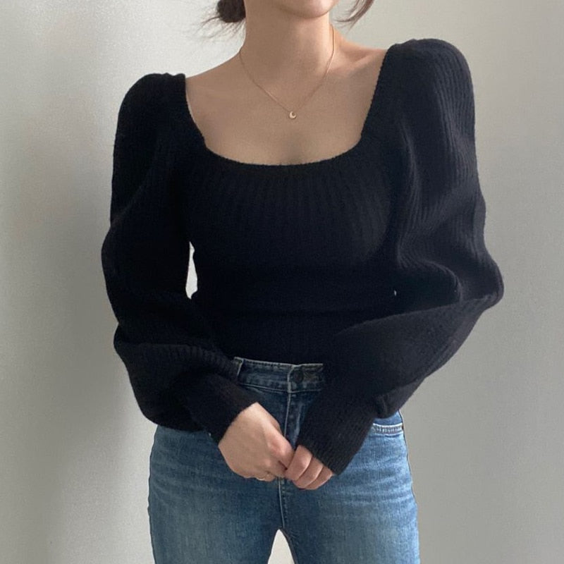 Knitted Women's Sweater Vintage Pullover Long Puff Sleeve Pink Square Neck Top Korean Fashion Style Autumn Winter Clothing