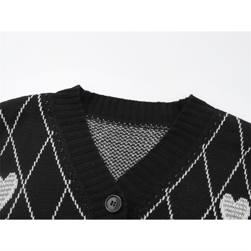 Sixsr Gothic Style Fashion Oversized Black Cardigan For Women Sweater Long Sleeve V-neck Harajuku Loose Vintage Knitwear Tops Coat