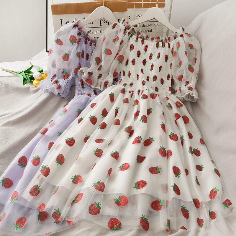 Sixsr Strawberry Dress Women French Style Lace Chiffon Sweet Dress Casual Puff Sleeve Elegant Printed Kawaii Dress Women New
