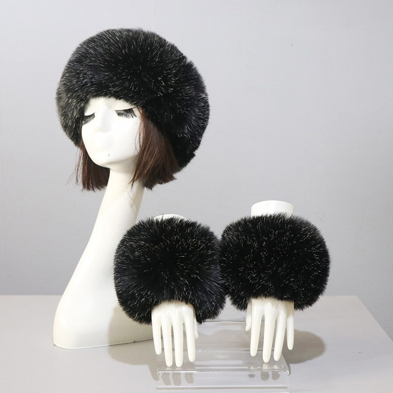 Sixsr New Autumn Winter Caps Female Hats Cuffs Set Fashion Warmth Imitation Quality Design Faux Fur Hat Fox Fur Sleeves Suit Accessary