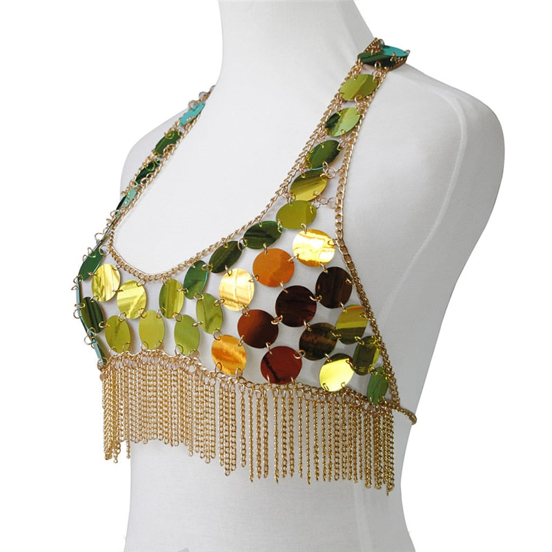 Sixsr Trends Fashion Gradient Color Shiny Sequins Dots Two Piece Set Low Cut Backless Sleeveless Crop Tops Tassel Mini Skirt Sexy Beach Outfits