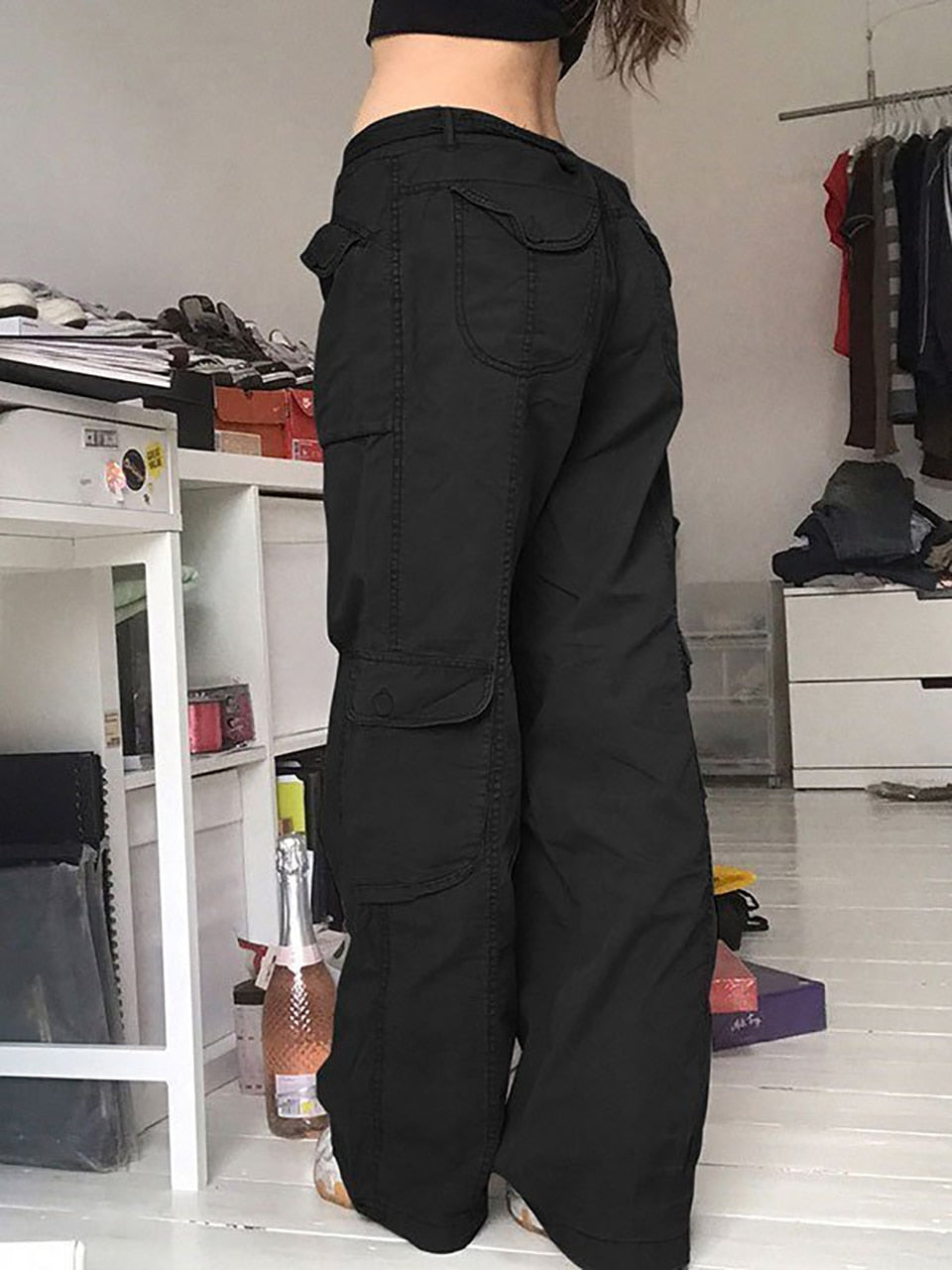 Sixsr Fashion Women's Jeans Y2K High Street Waist Denim Trousers Drawstring Waist Flap Pocket Baggy Jeans Loose Women's Classic Pants