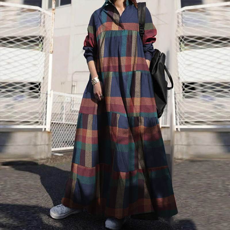Sixsr Summer Stylish Women Vintage Long Sleeve Loose Sundress Casual Long Maxi Dress Kaftan Femme Solid Party Vestido Robe