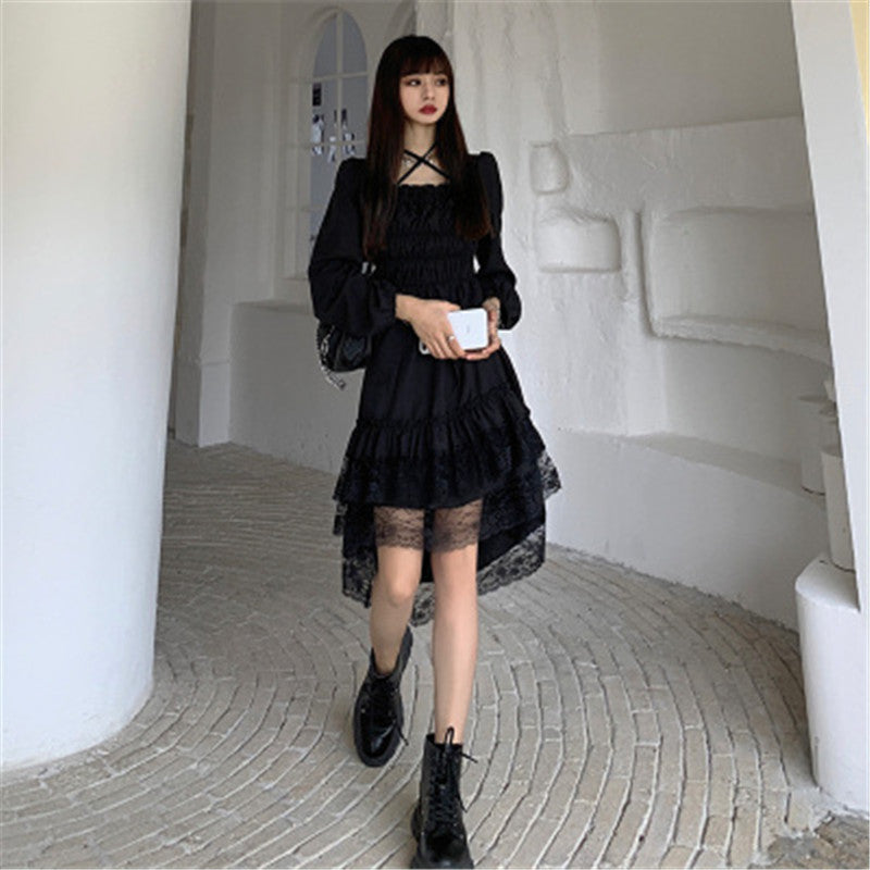 Sixsr New Gothic Women Black Fairy Party Dress Cross Square Collar Lolita Princess Irregular Dress Cute Kawaii Lace Ruffles Chic Dress