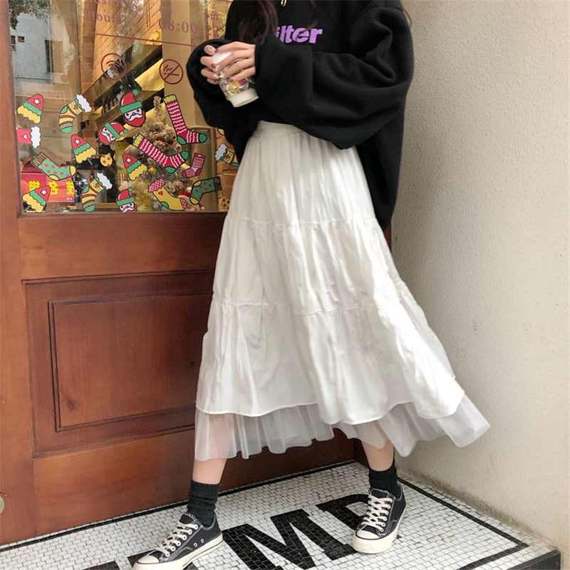 Sixsr Long Tulle Midi Skirts Womens  Autumn Elastic High Waist Mesh Tutu Pleated Skirts Female Black White Long Skirt Streetwear