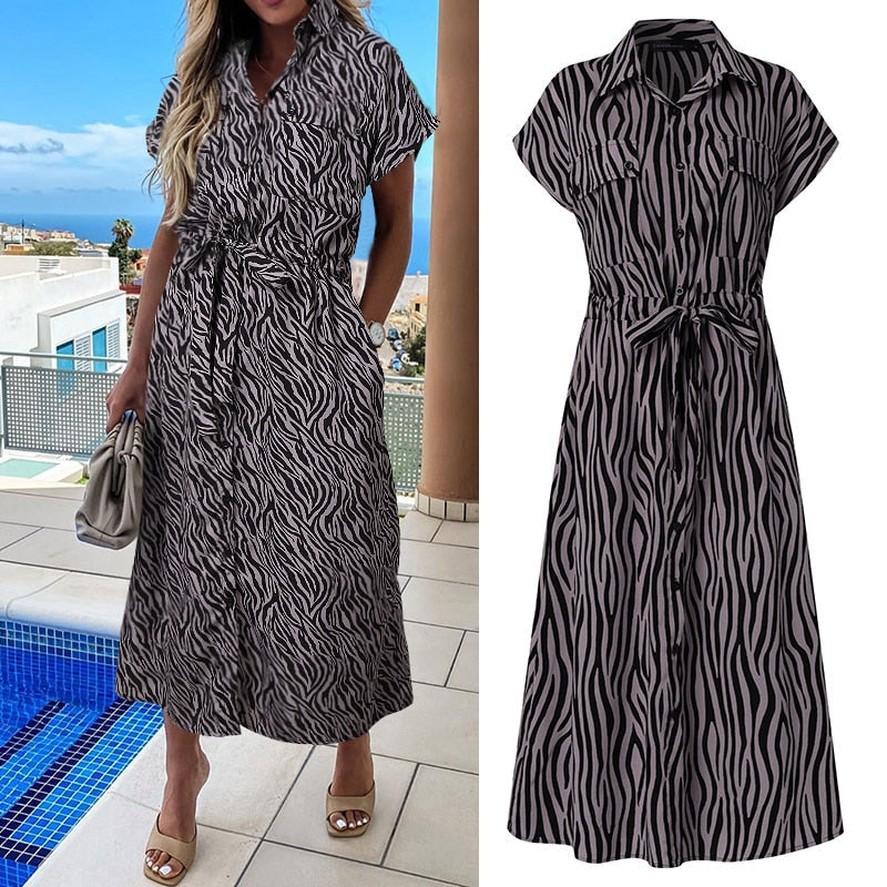 Sixsr Summer Sundress Women Elegant Dress Plus Size Short Sleeve Casual Loose Buttons High Waist Work Midi Vestidos Robe