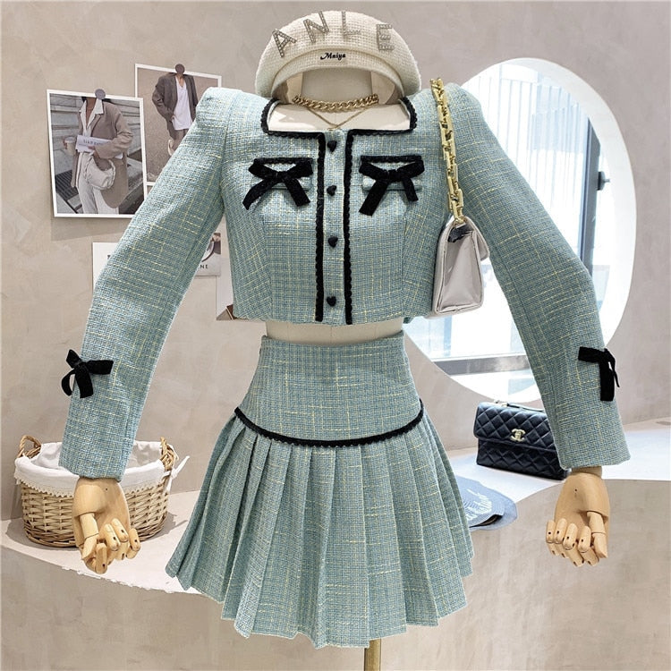 sixsr Small Fragrance Tweed 2 Piece Set Women Bow Short Jacket Coat + Skirt Suits Korean Sweet Outfits French Vintage Two Piece Sets