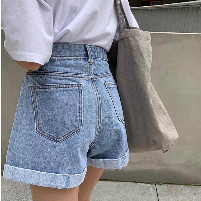 sixsr New Summer High Waist Denim Shorts Women Casual Loose Ladies Fashion Plus Size Elastic Waist Wide Leg Short Jeans Female