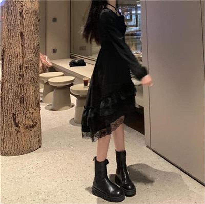 Sixsr New Gothic Women Black Fairy Party Dress Cross Square Collar Lolita Princess Irregular Dress Cute Kawaii Lace Ruffles Chic Dress