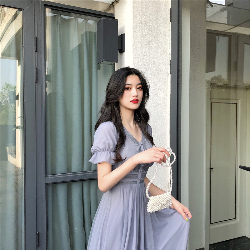 Sixsr Summer Mesh Dress Women Puff Sleeve V-neck A-line Slim Korean Style Mesh Retro DressElegant Vintage Vestidos Female News