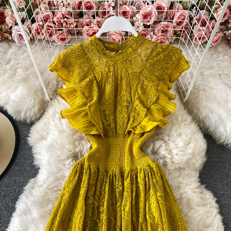 Sixsr Vintage Purple/Green/Red Lace Midi Dress Women Sweet Round Neck Ruffle Vestidos Female High Waist Slim Robe Spring Autumn