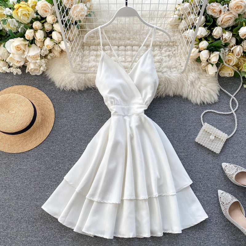 Sixsr Summer Spring Beach Holiday V-Neck Backless Lace Up Ruffles Cakes Solid Elegant Women Lady A-line High Waist Dress