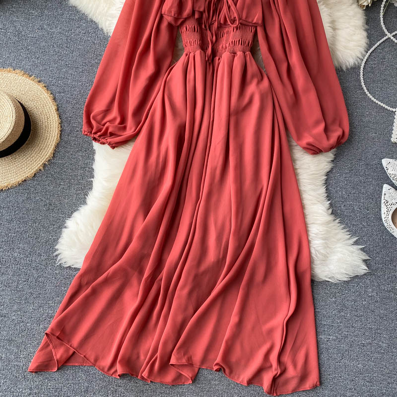Sixsr Woherb Chic Elegant Square Collar Maxi Dress Women Solid Chiffon Puff Sleeve Dresses Korean Fashion Vintage Ruffle Vestidos