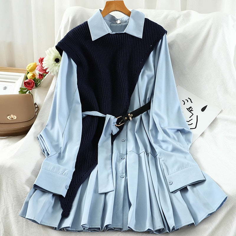 Sixsr New Sweet Suit Women Japan Single Breasted Turn-Down Collar Pleated Dress +Irregular Drawstring Knitted Vest Two Piece Set PL548