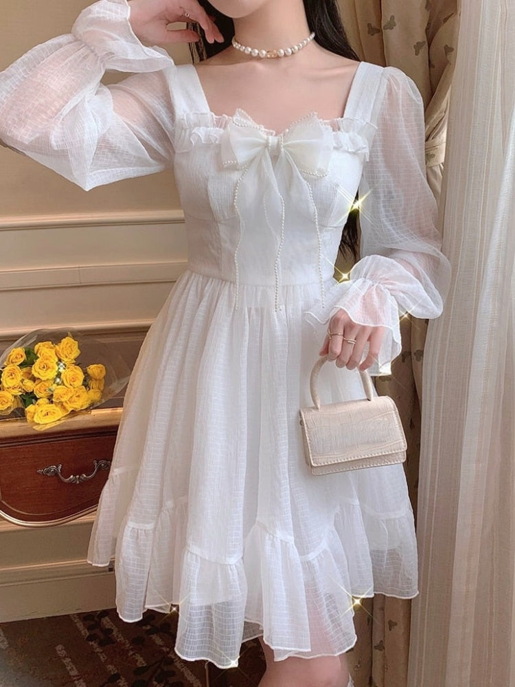 French Sweet Fairy Lolita Dress Women Long Sleeve Lace Y2k Mini Dress Vintage Kawaii Clothes One Piece Dress Korean Autumn