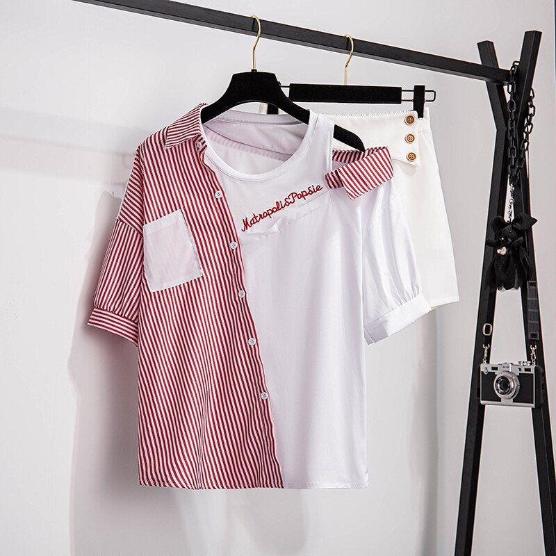 Sixsr 2 pieces shorts sets summer Sweet Korean off shoulder striped patchwork tops and shorts 2 pieces sets women two pieces outfits