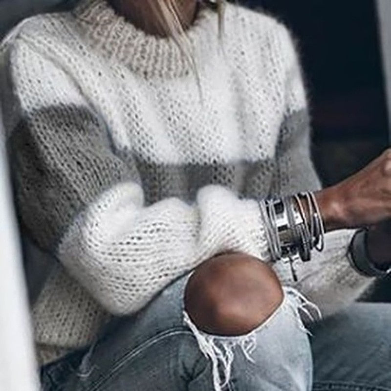 Sixsr Women Loose Knitted Sweater Autumn Winter O Neck Striped Fuzzy Fluffy Sweater Pullovers Vintage Long Sleeve Patchwork Sweater