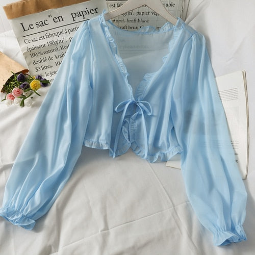 Sixsr Fashion Women Thin Coat Casual Lace Bow Summer Sun Protection Clothes Female Cardigan Shirt Clothing Tops Blouse For Woman Covers Blusa