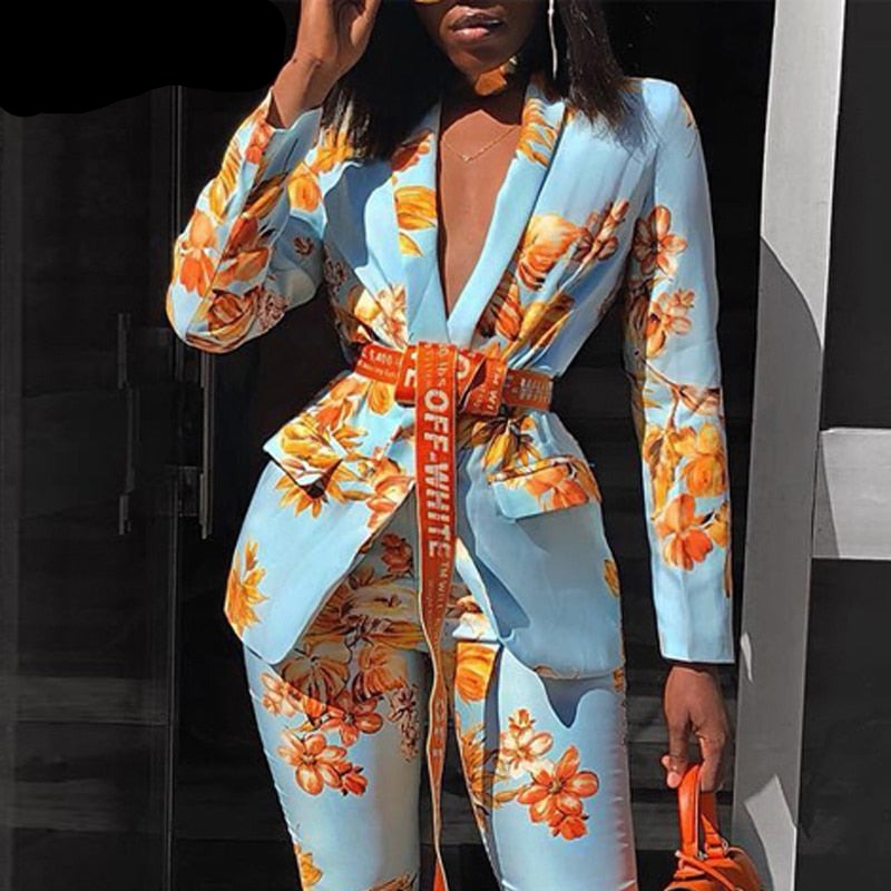Sixsr Women Chic Elegant All over Print Long Sleeve Sashes Ankle-Length Pants Spring Working Blazer Sets