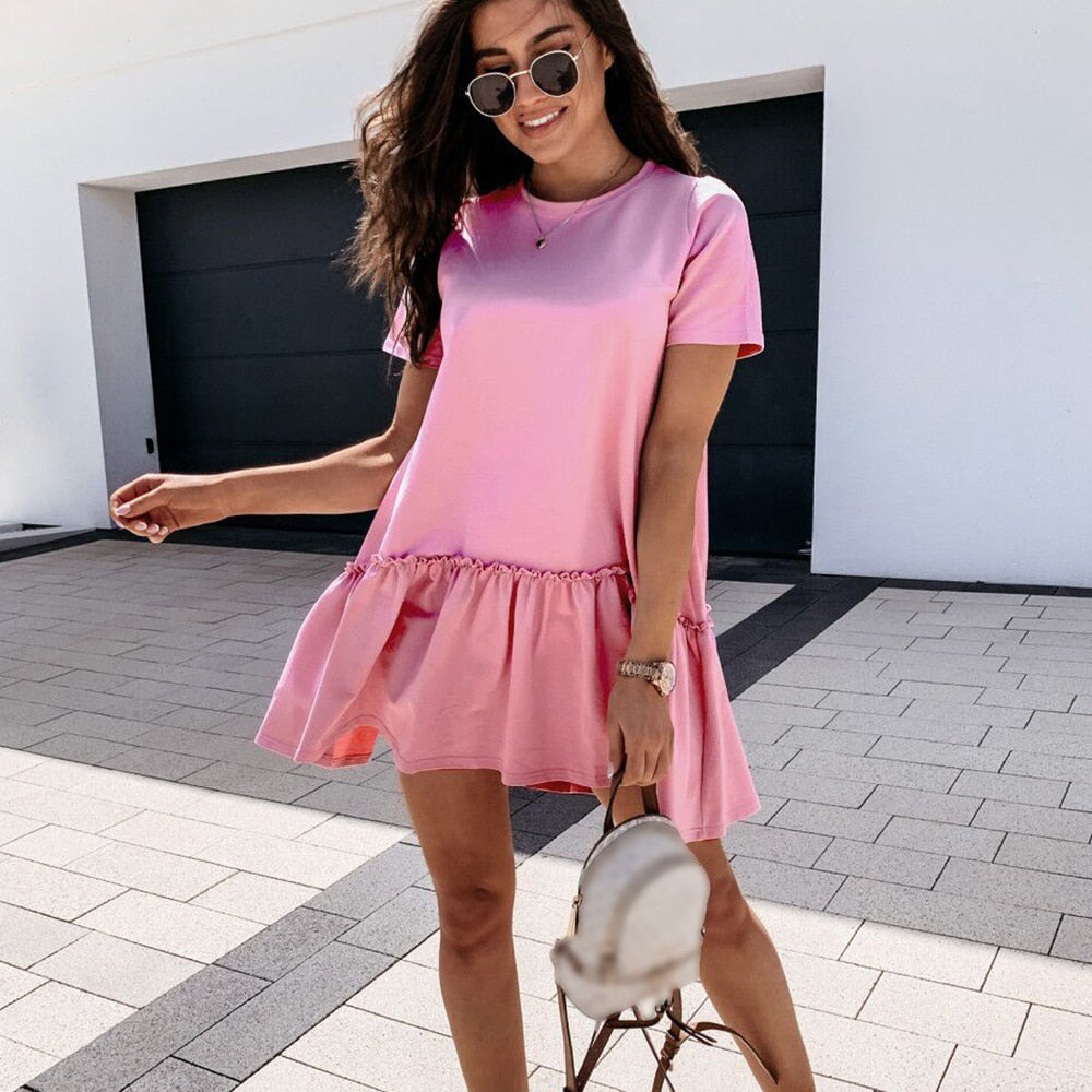 sixsr Fashion Trends Loose Casual Short Sleeve Mini Dress Women Summer O-neck White Black Ruffles Big Hem Beach Dresses For Woman Femme Robe