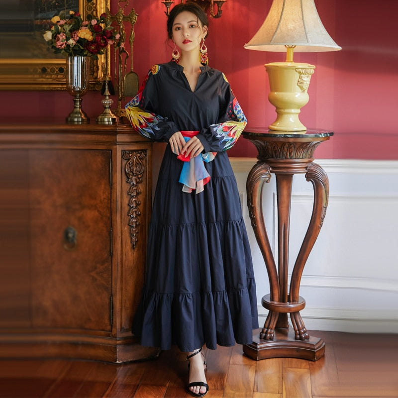 sixsr High Quality Luxury Design Runway Female Elegant Embroidery Women Dress Lantern Sleeve High Waist Maxi Long Dresses