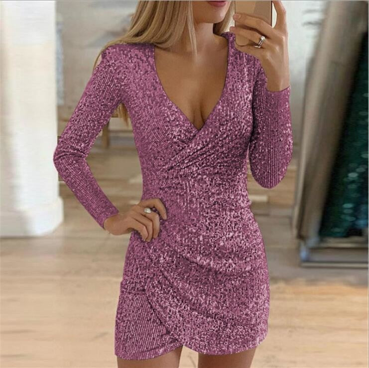 Sixsr New Sexy Women Dress Sequins Glitter Women V-neck Long Sleeve Self Cultivation Dresses Elegant Ladies Party Dress