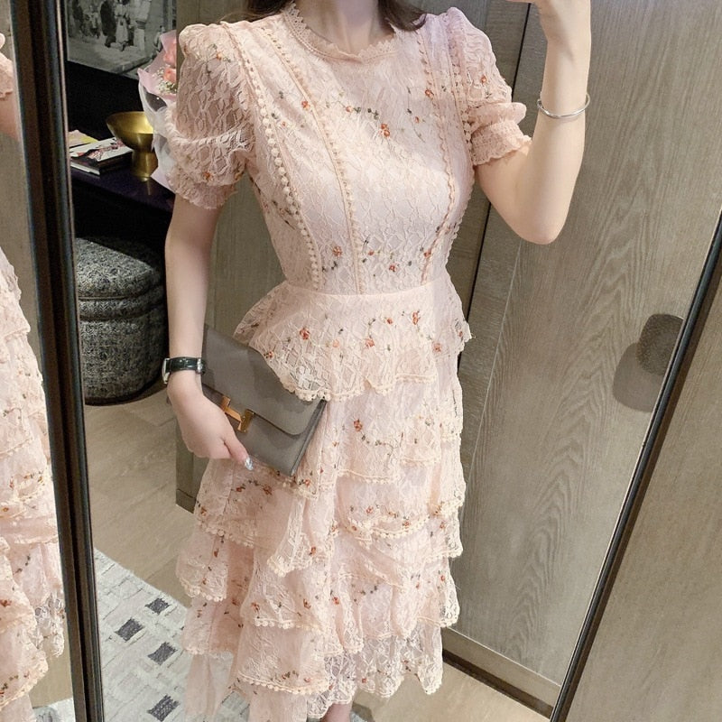 sixsr Pink Lace Embroidery Maxi Dress Female spring Winter Full sleeve high waist Ruffle elegant Long party dresses Woman