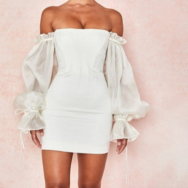 White Off Shoulder Sexy Woman Dress Long Puff Sleeve Mini Night Party Dresses Summer Backless Bodycon Dress Vestidos