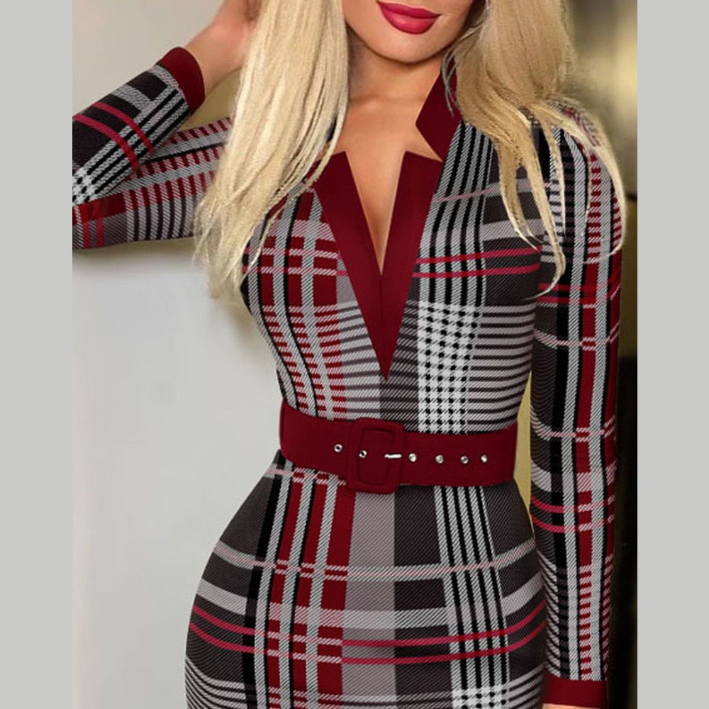 Sixsr Spring Outfits  Trends Office Lady Long Sleeve V-neck Maxi Dress Spring Autumn Vintage Print Slim High Waist Belted Vestidos De Mujer Elegant Dresses