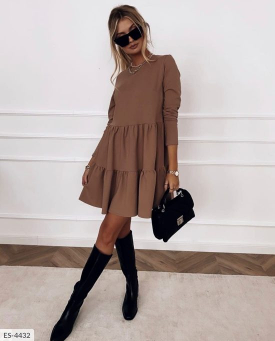 Sixsr New Spring Autumn Dress Women Elegant O-Neck Long Sleeves Multi-layer Ruffles Hem Solid Party Dresses Casual Slim Vestidos