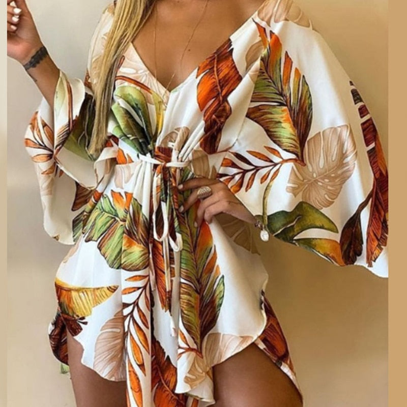 sixsr Summer Outfits Casual Leaf Leopard Print Harajuku Batwing Sleeve Dress Lady Elegant Lace-Up Irregular Party Dress Sexy V-Neck Women Mini Dress
