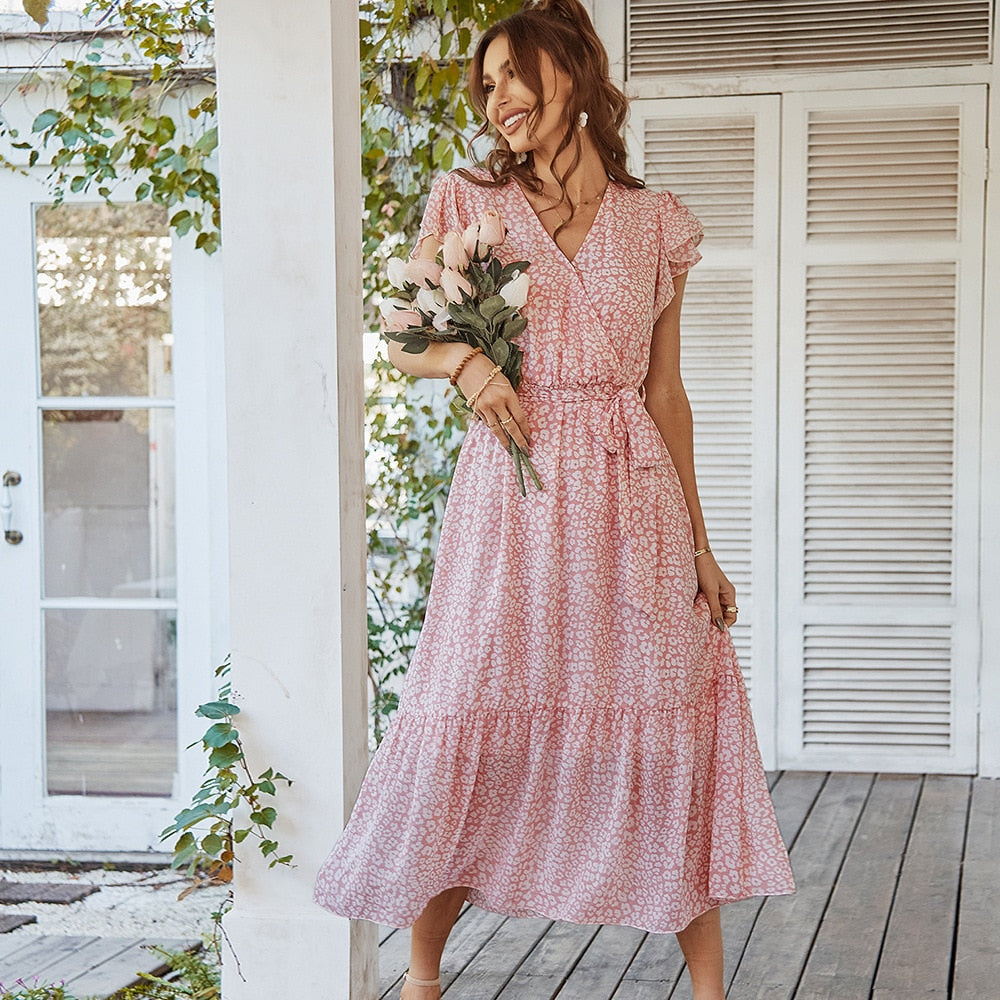 Ladies Vintage Print Chiffon Dress Women Casual Ruffles Long Bohemian Party Beach Summer Dress Women Sundress Female Vestidos