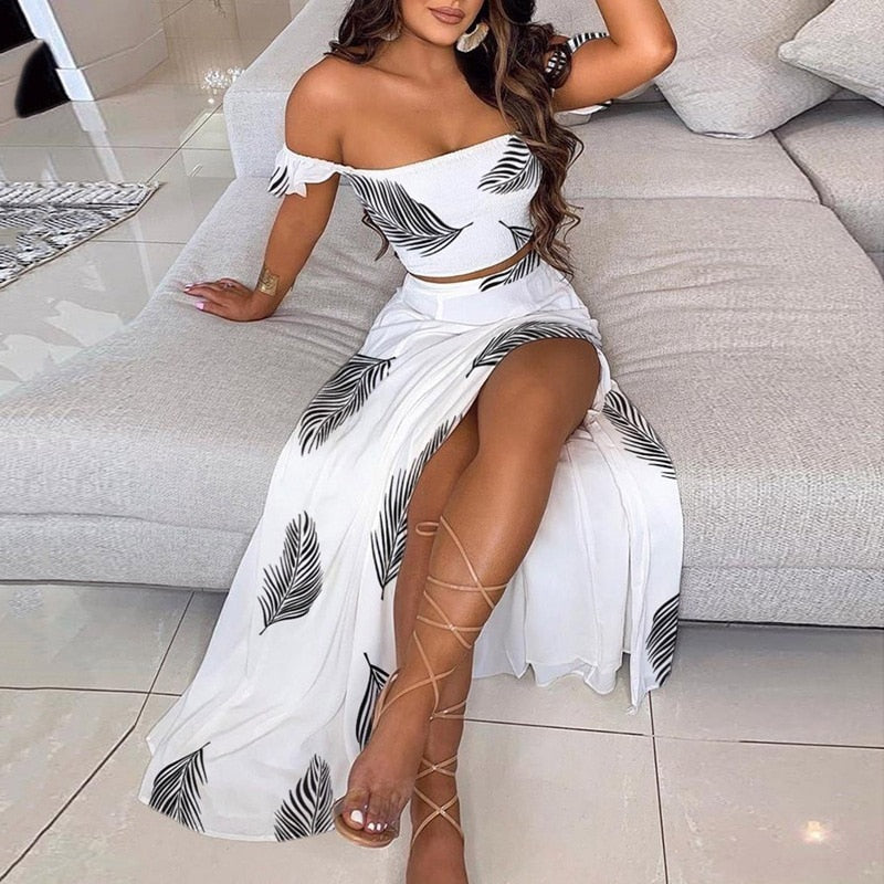 sixsr Off Shoulder Women Two Piece Set Sexy Slash Neck Top and Slit  Summer Long Party Dress Suits Spring Floral Print Skirts Sets