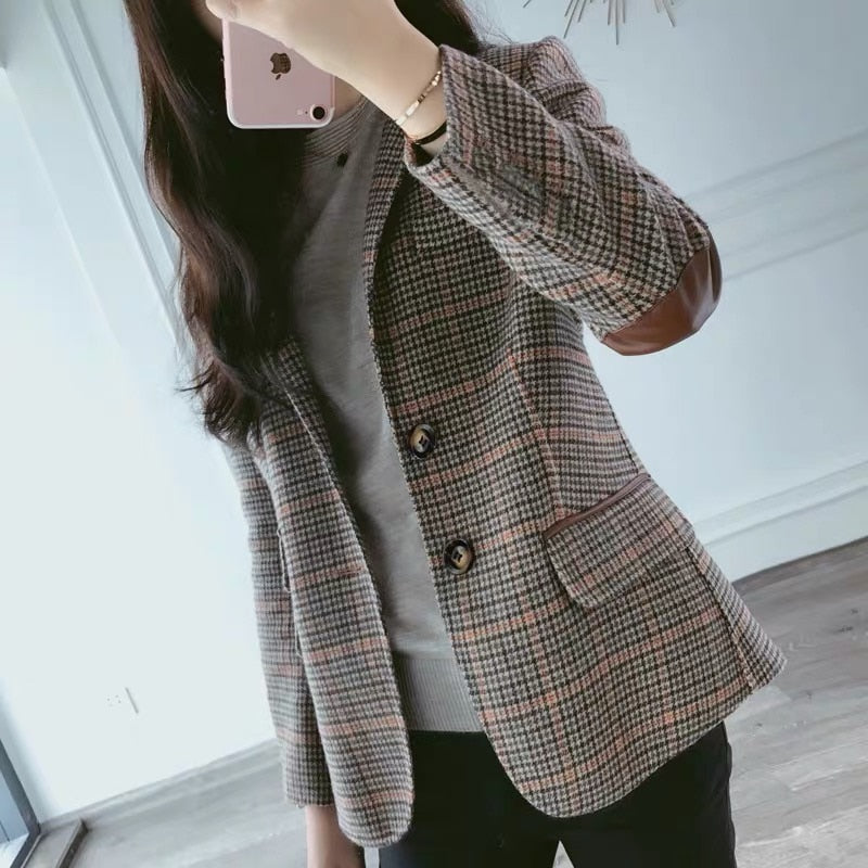 Sixsr New Fashion Business Interview Plaid Suits Women Work Office Ladies Long Sleeve Vintage Blazer