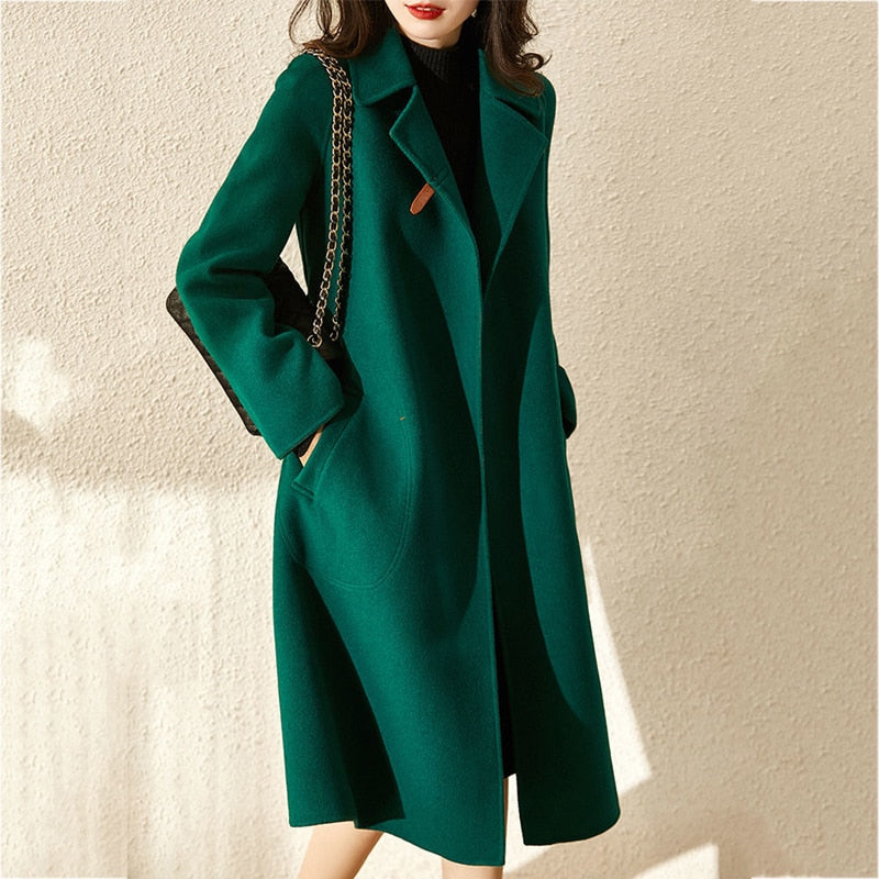 Sixsr Women Elegant Retro Wool Coat with Belt Winter Warm Overcoat Outwear Plus Size Female Korean High Quality Green Blends Coat