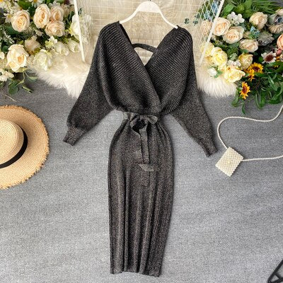 Sixsr Sparkling Sexy Party Dress Woman Sweater Elegant Slim V-Neck Basic Knitted Green Vintage Dresses Female Autumn Winter Bat Sleeve