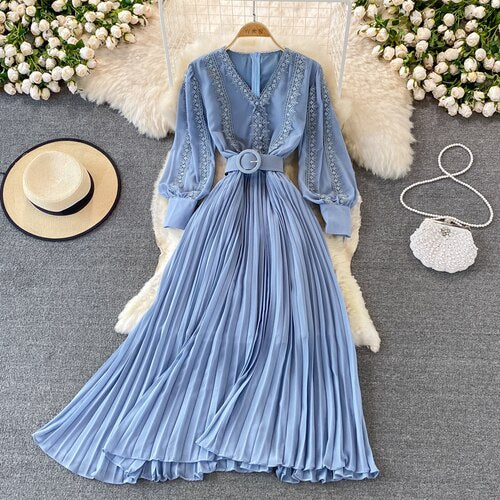 Sixsr Red/Yellow/Black Embroidered Pleated Long Dress Vintage V-Neck Lantern Long Sleeve High Waist Draped Maxi Vestidos Female