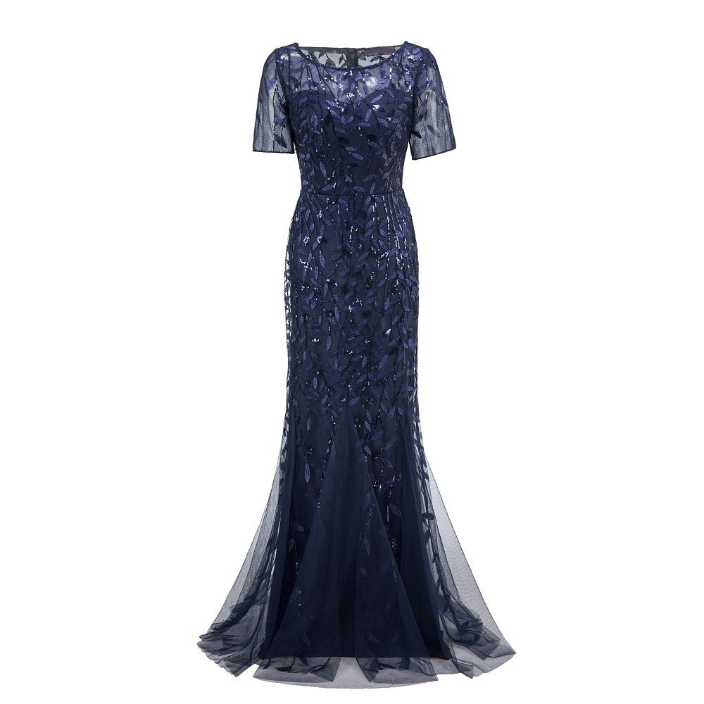 sixsr Plus Size Evening Dresses Mermaid O Neck Short Sleeve Lace Appliques Tulle Long Party Gown Robe Soiree Sexy Formal Dress vestido