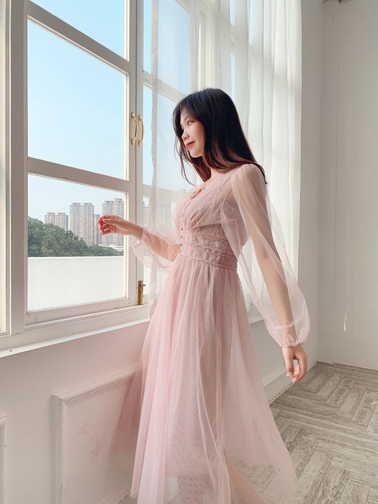 Fall Brand New Women Dress V-neck Puff Sleeve Mesh Midi Dress Plus Size Fairy Tulle Lace Dress Elegant Long Dress Vestidos