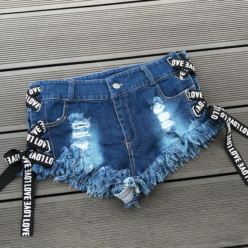sixsr Sexy Low Waist Bandage Denim Ripped Hole Short Jeans Women Mini Skinny Sexy Club DJ Dance Shorts New White Blue Black