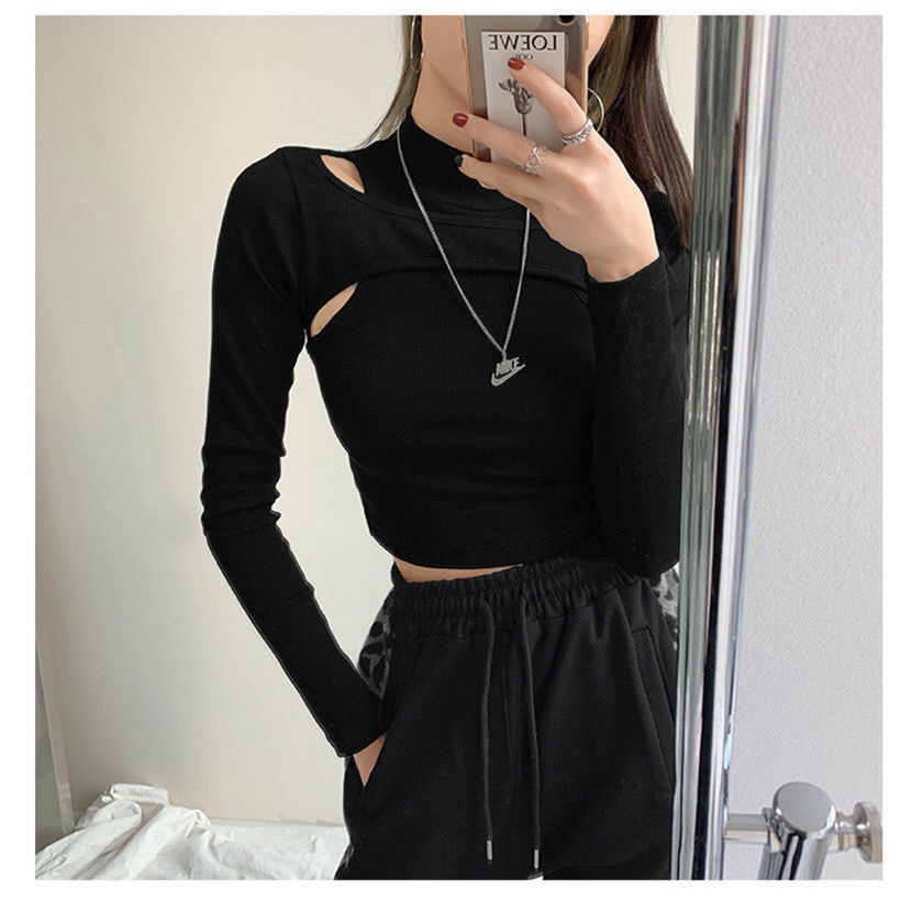 Sixsr Hollow Knitted Crop Tops Women New Fitness Fake Two-piece T-shirt Female Black White Long Sleeve Tops