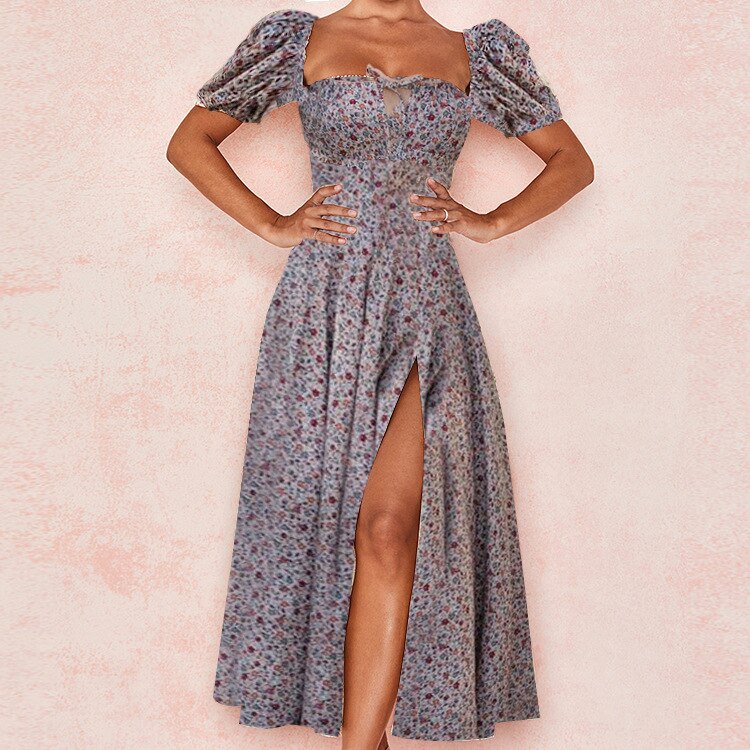 Sixsr Summer Women's Wear, Bohemian Style Bubble Sleeve Floral Split Long Dress, High Waist Sexy Party Elegant Bandage Dress